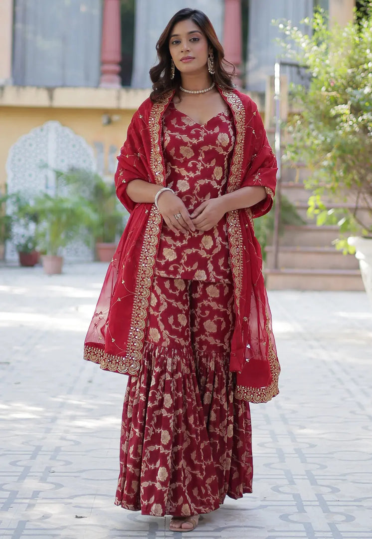 Maroon Viscose Georgette Readymade Sharara Suit