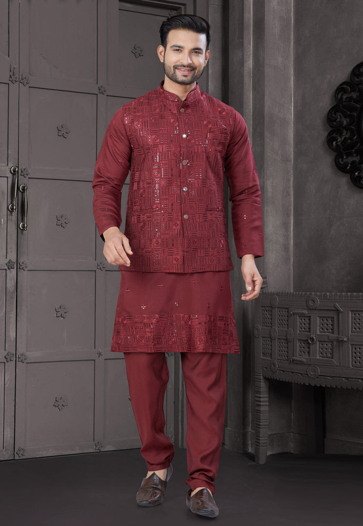 Maroon Viscose Kurta Pajama With Jacket