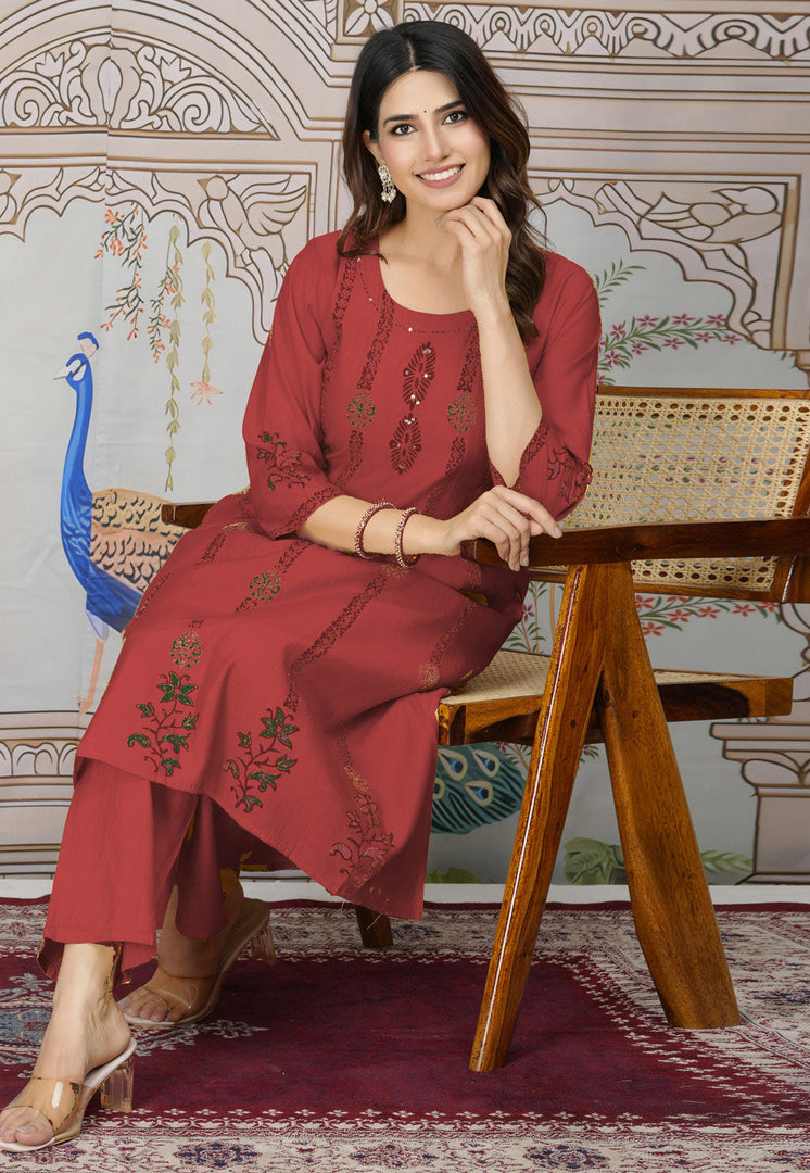 Maroon Viscose Kurta Set With Pent