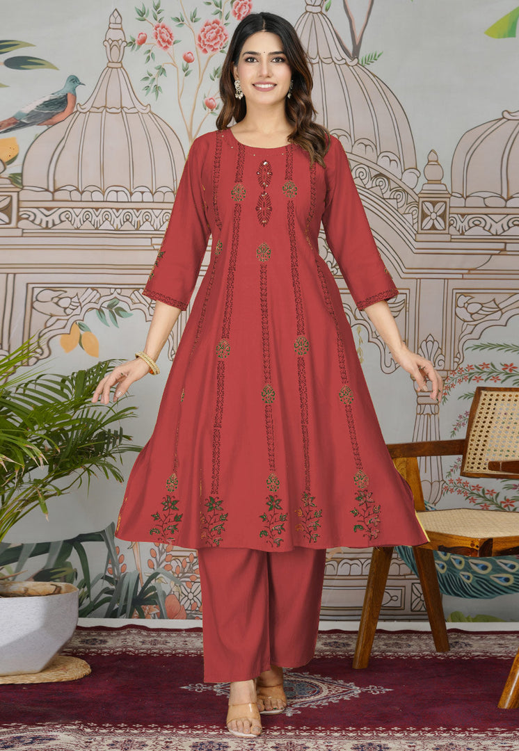 Maroon Viscose Kurta Set With Pent