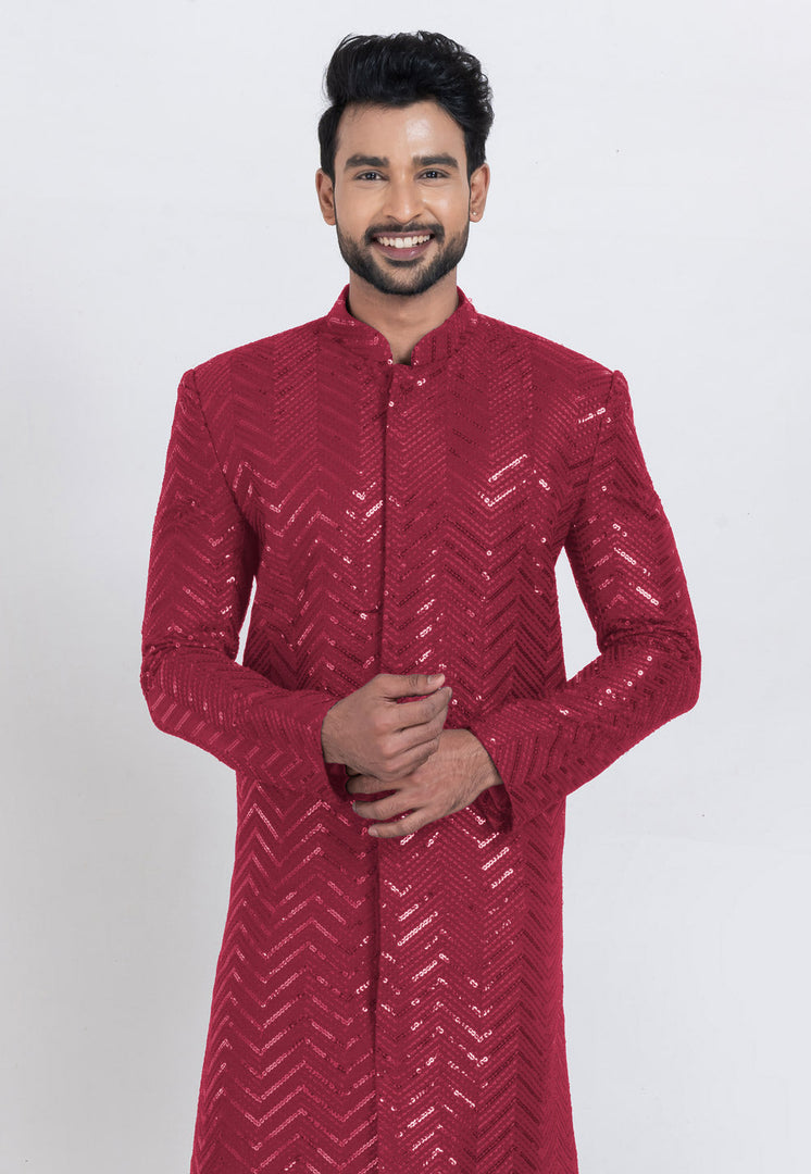 Maroon Viscose Rayon Indo Western Suit