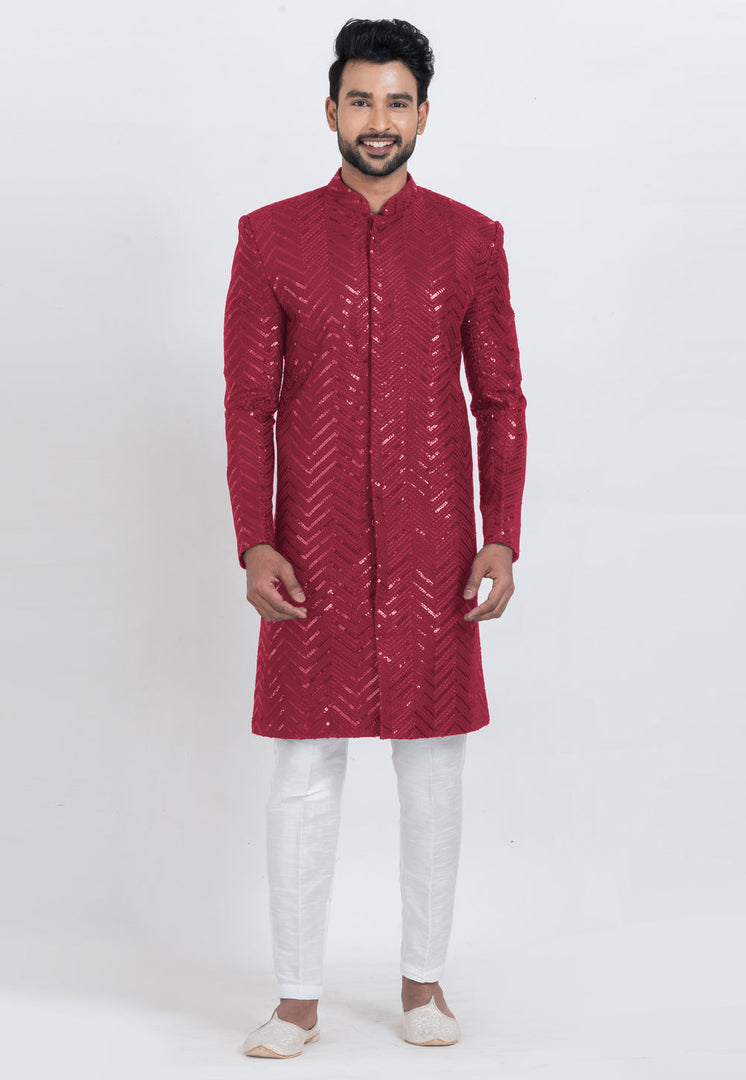 Maroon Viscose Rayon Indo Western Suit