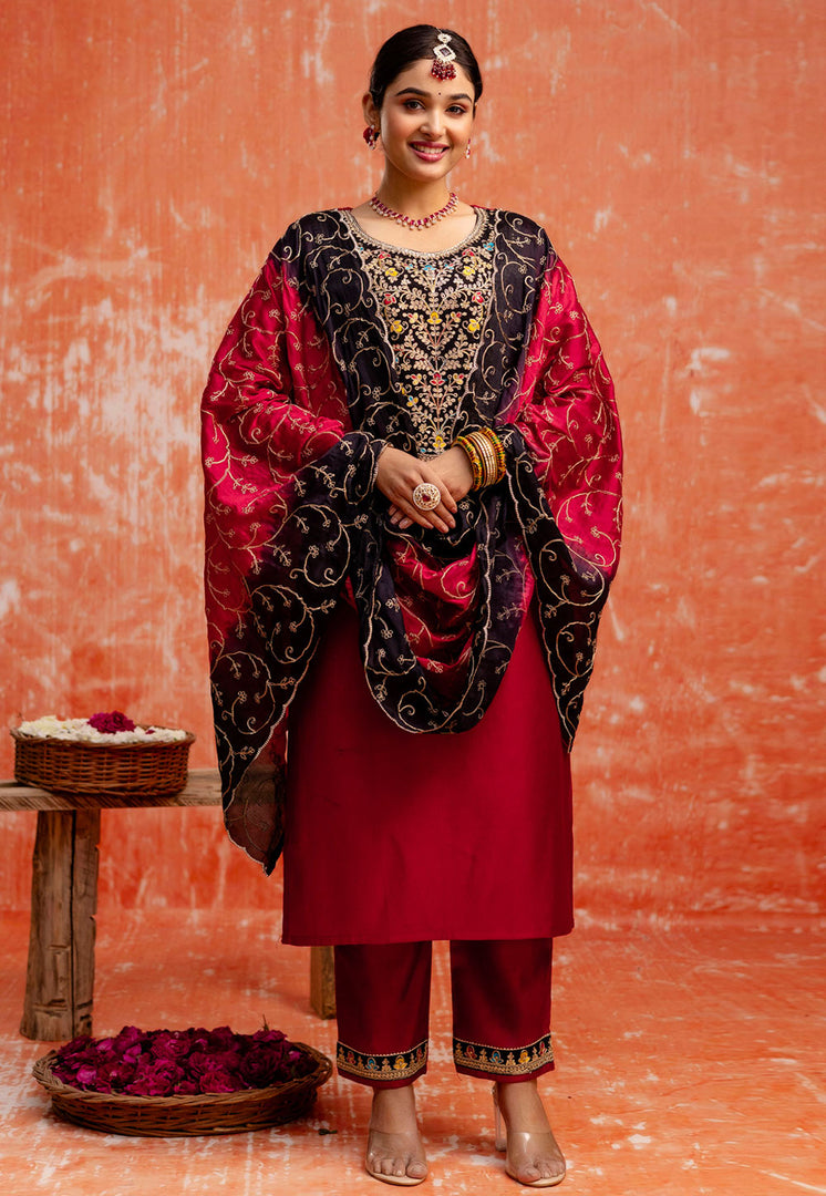 Maroon Viscose Rayon Readymade Pakistani Suit