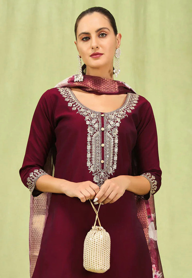 Maroon Viscose Rayon Readymade Pant Style Suit