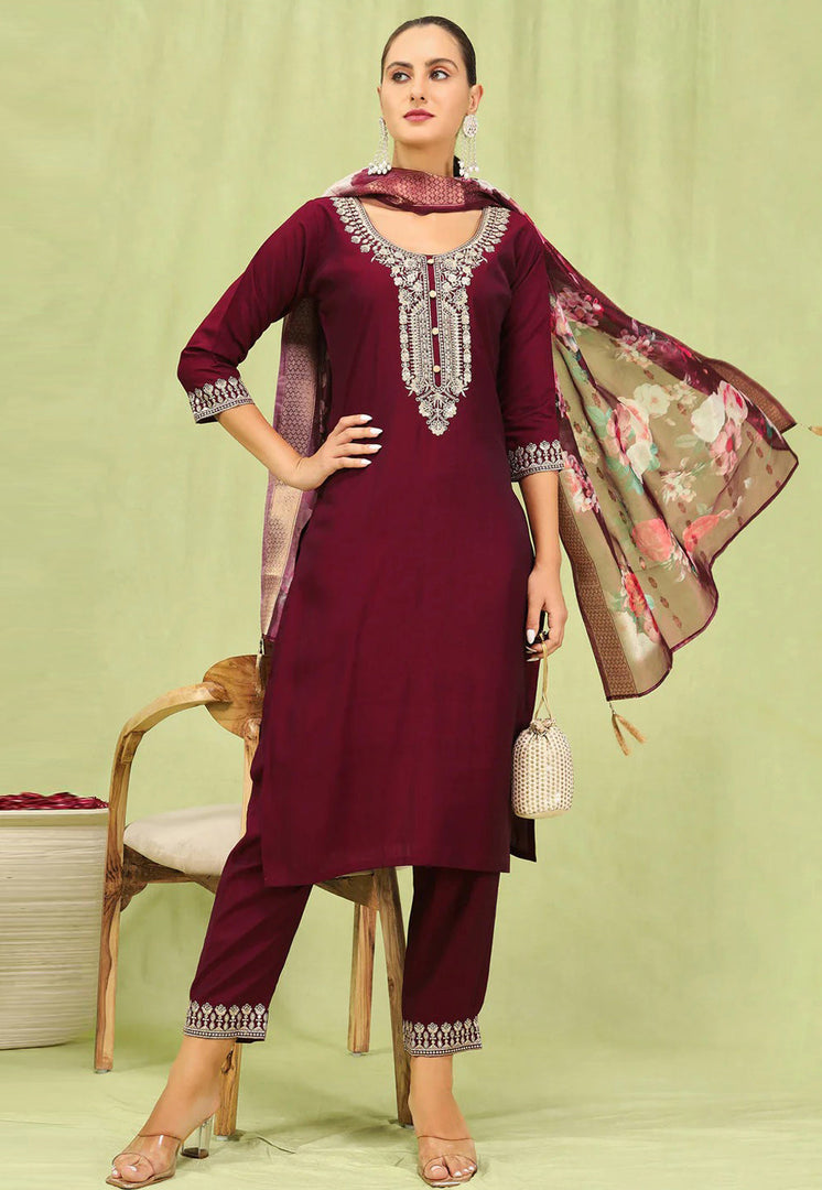 Maroon Viscose Rayon Readymade Pant Style Suit