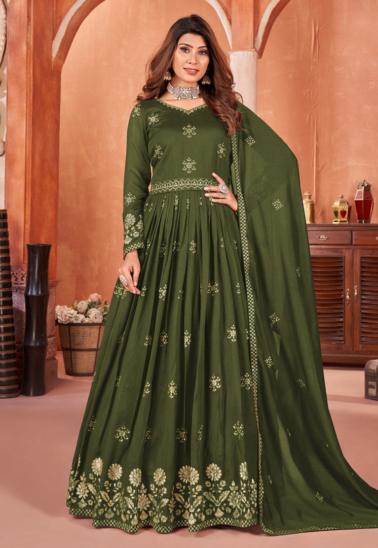 Mehndi Art Silk Long Anarkali Suit