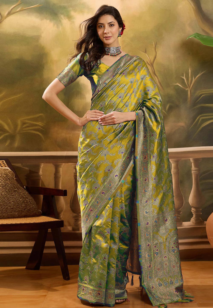 Mehndi Banarasi Jacquard Saree With Blouse