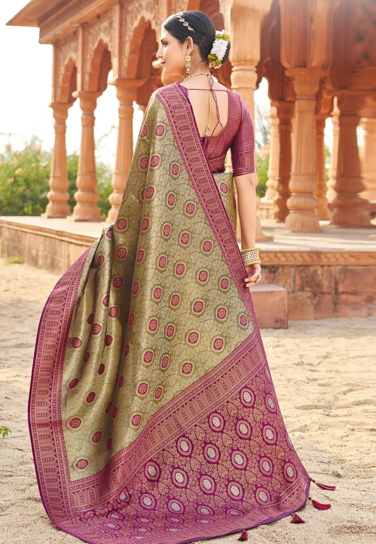 Mehndi Banarasi Silk Saree With Blouse