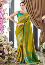 Load image into Gallery viewer, Mehndi Banarasi Silk Saree With Blouse
