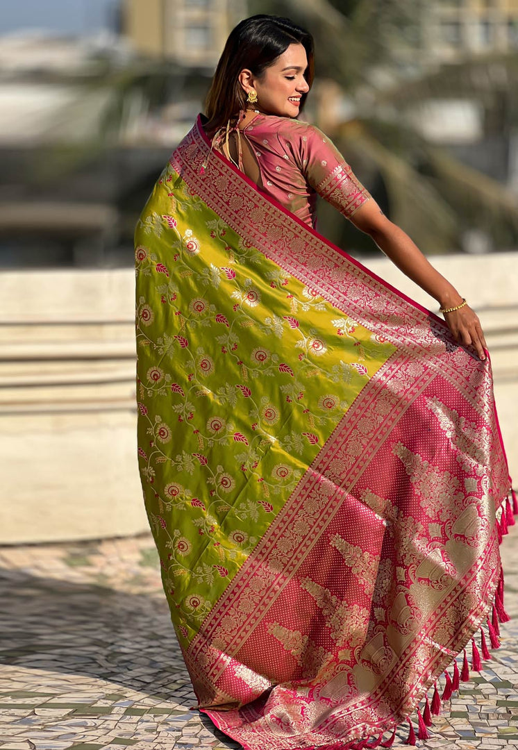 Mehndi Banarasi Silk Saree With Blouse