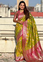 Load image into Gallery viewer, Mehndi Banarasi Silk Saree With Blouse
