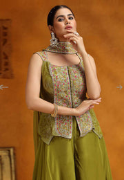 Mehndi Banglori Silk Palazzo With Crop Top