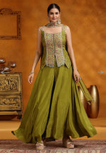 Load image into Gallery viewer, Mehndi Banglori Silk Palazzo With Crop Top
