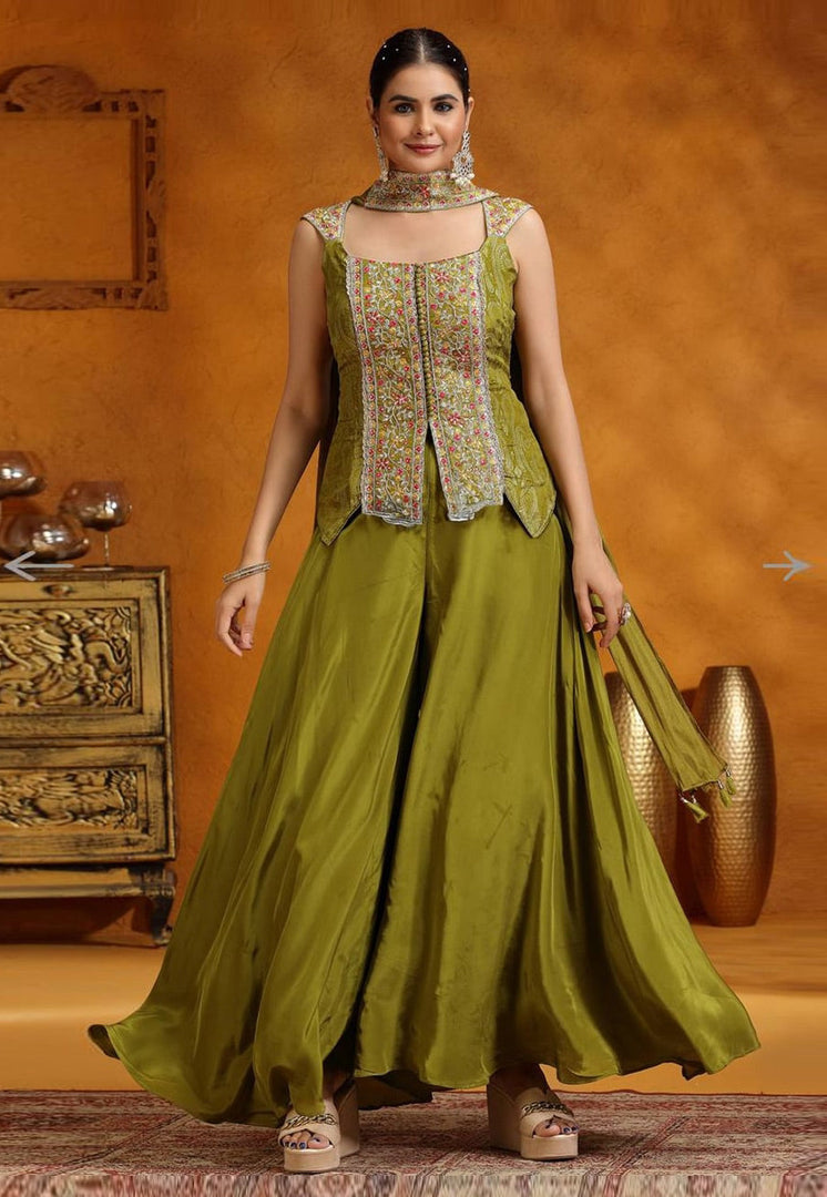 Mehndi Banglori Silk Palazzo With Crop Top