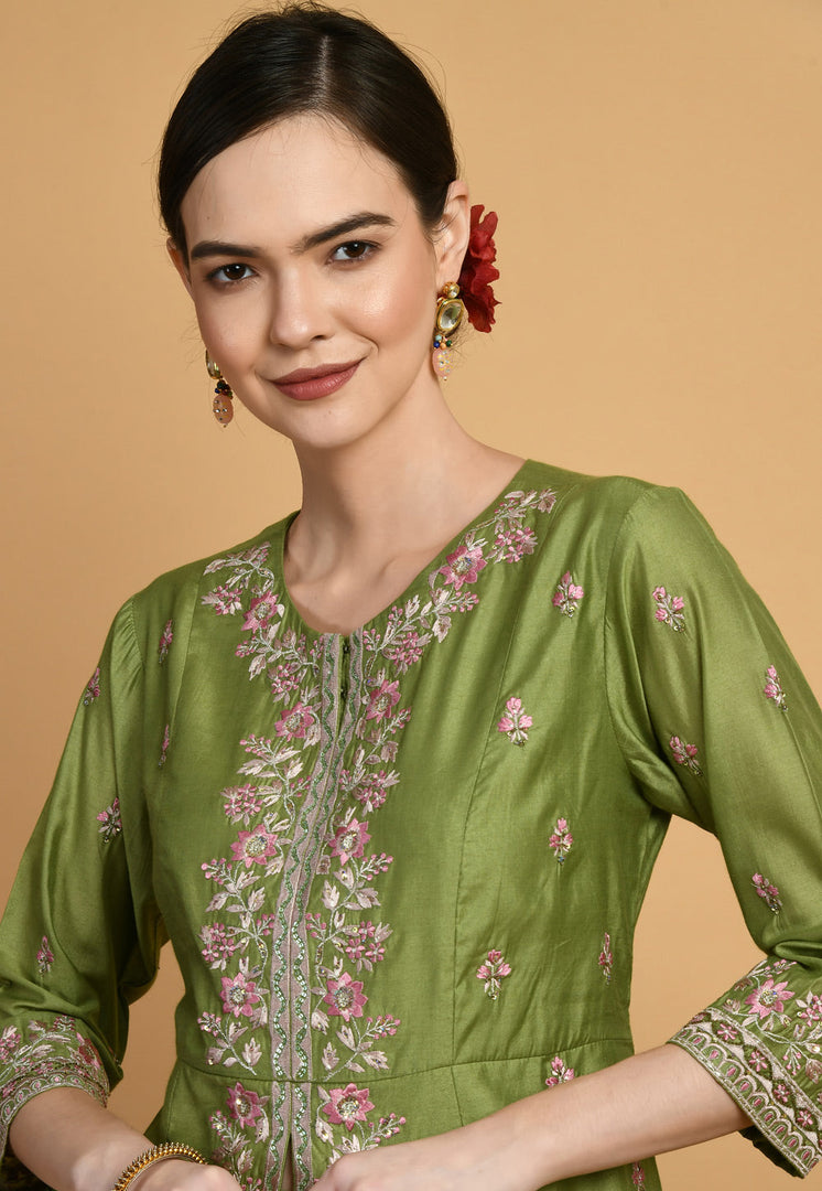 Mehndi Chanderi Kurta Set With Palazzo