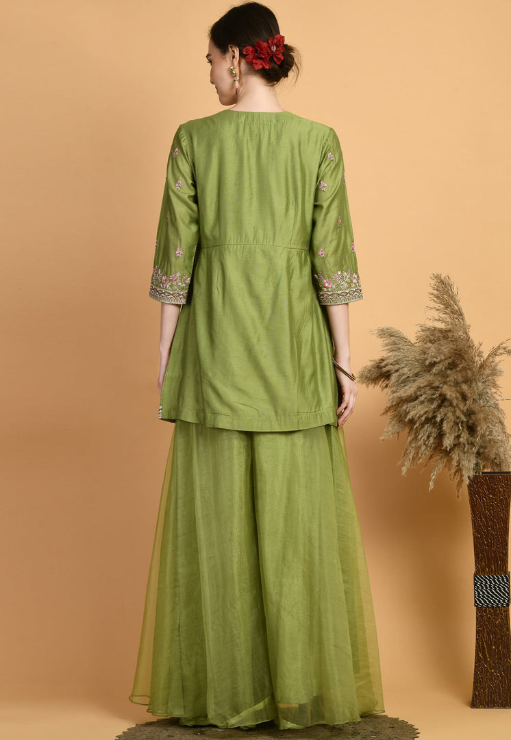 Mehndi Chanderi Kurta Set With Palazzo