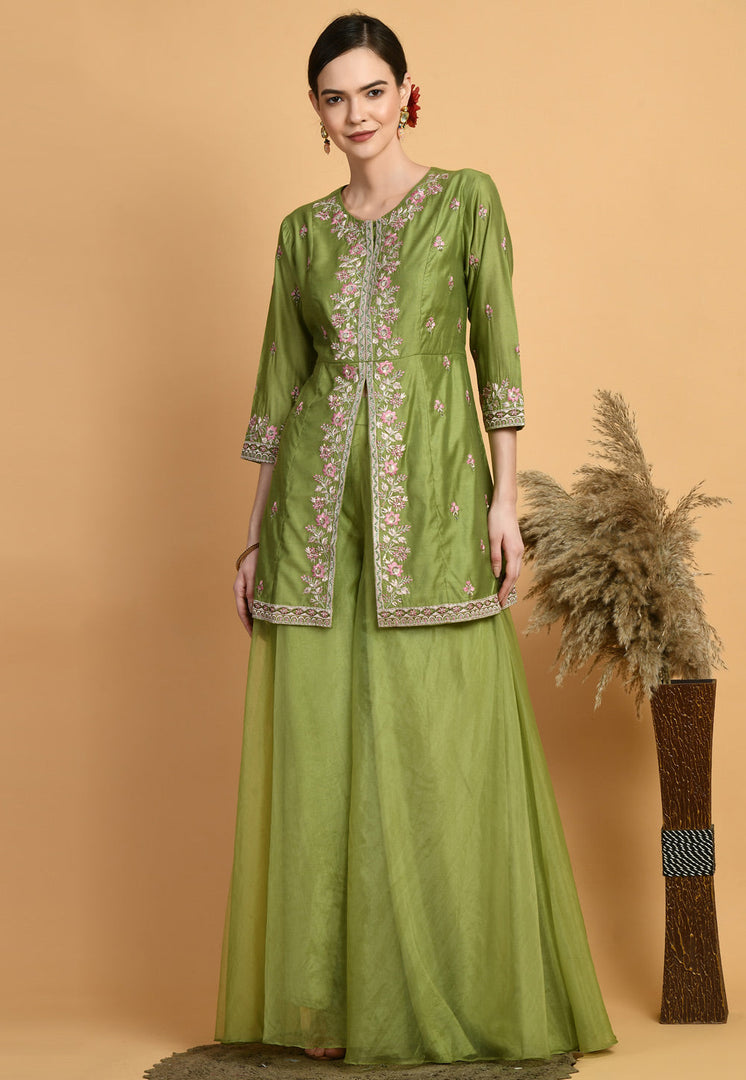 Mehndi Chanderi Kurta Set With Palazzo