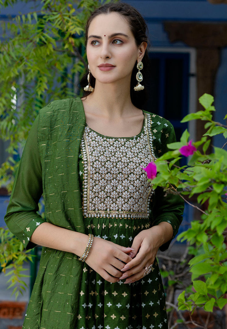 Mehndi Chanderi Readymade Anarkali Suit