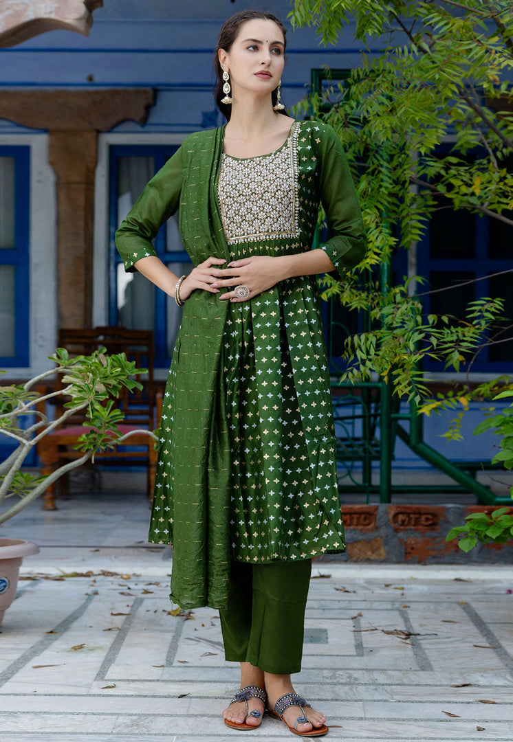 Mehndi Chanderi Readymade Anarkali Suit