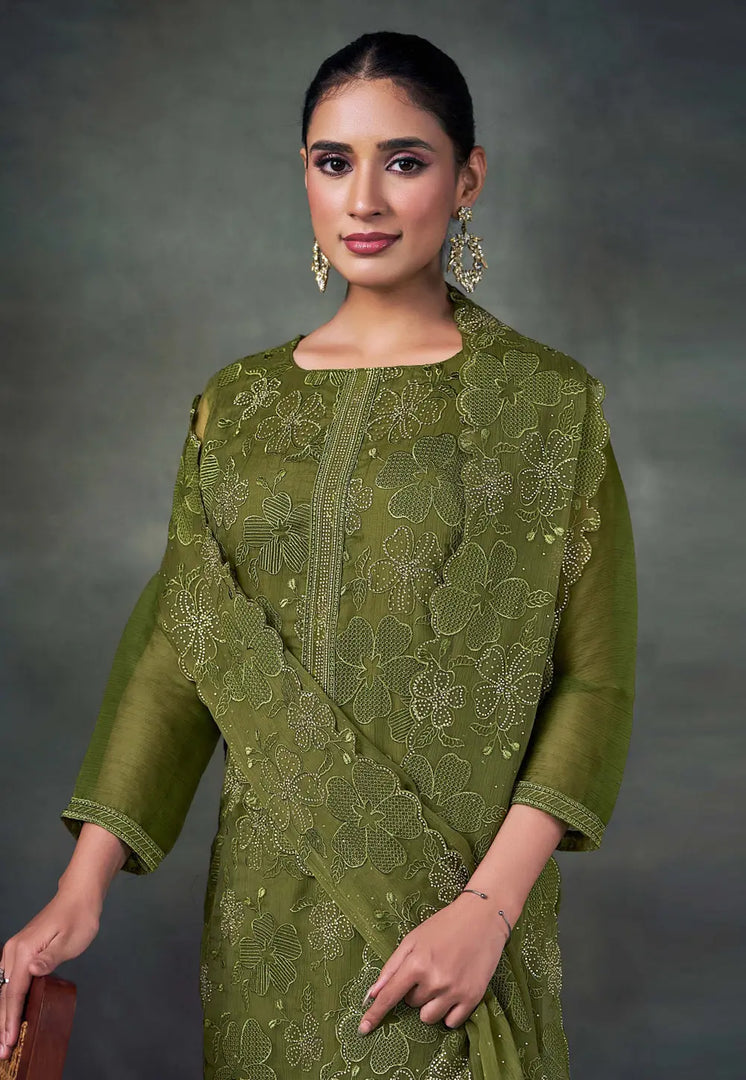 Mehndi Chiffon Embroidered Pakistani Suit