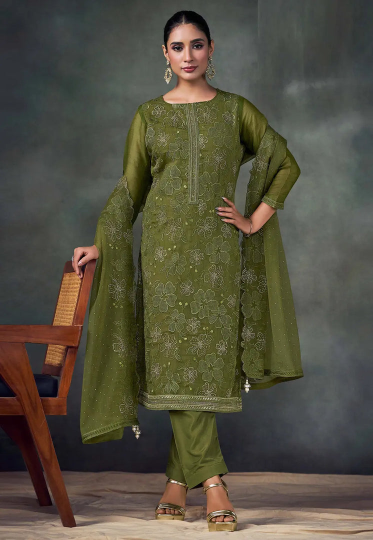 Mehndi Chiffon Embroidered Pakistani Suit