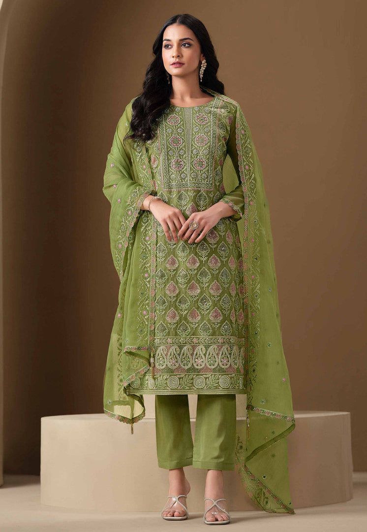 Mehndi Chiffon Embroidered Straight Suit