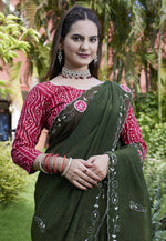 Load image into Gallery viewer, Mehndi Chiffon Saree With Blouse
