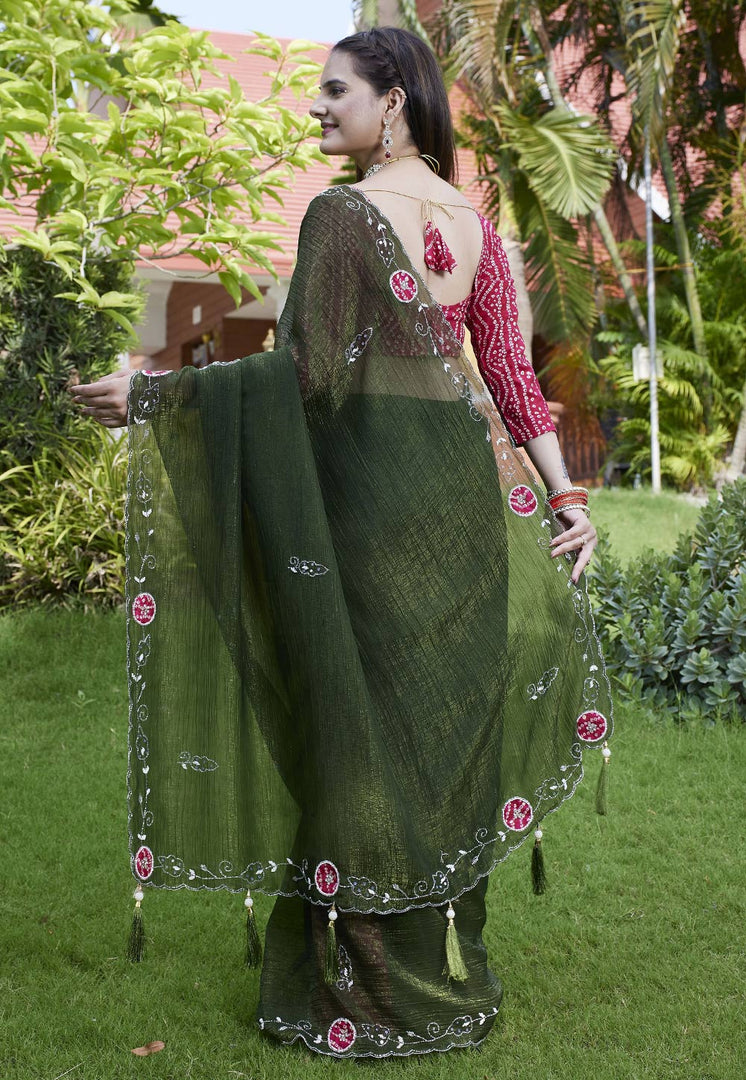 Mehndi Chiffon Saree With Blouse