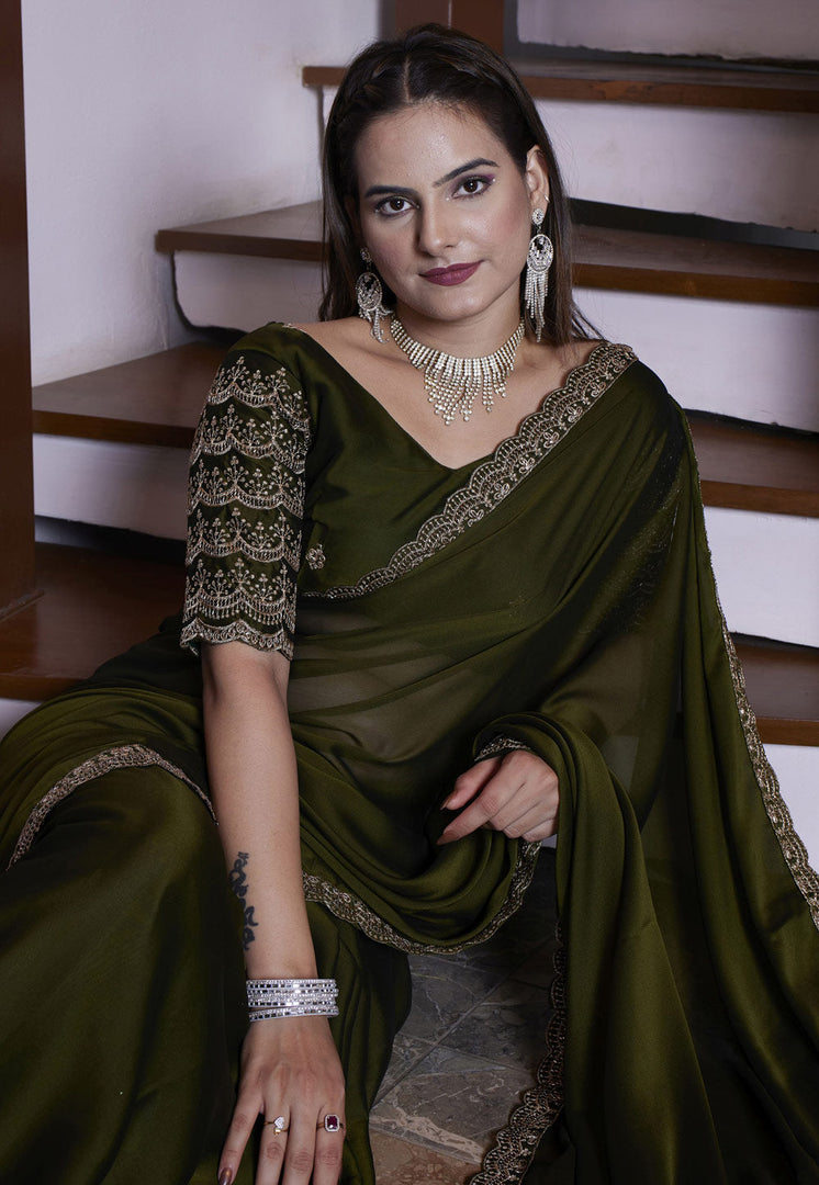 Mehndi Chiffon Saree With Blouse