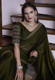 Mehndi Chiffon Saree With Blouse