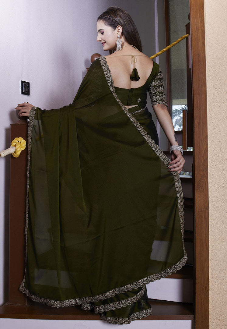 Mehndi Chiffon Saree With Blouse