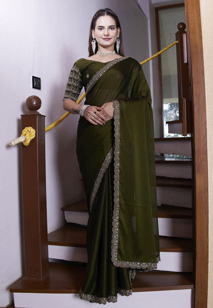 Mehndi Chiffon Saree With Blouse