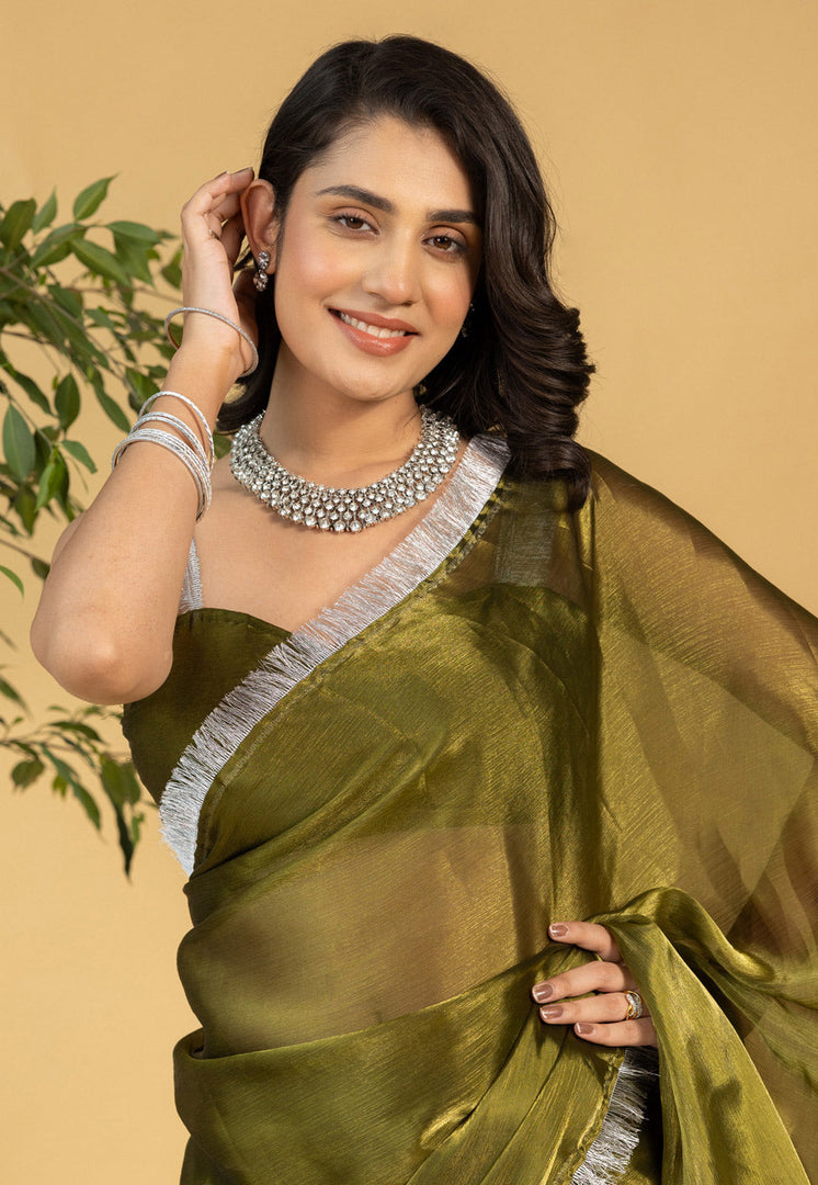 Mehndi Chiffon Saree With Blouse