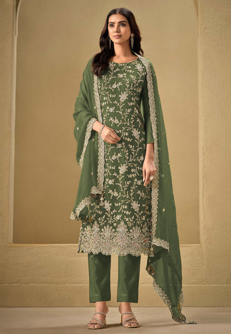 Mehndi Chinon Embroidered Straight Suit