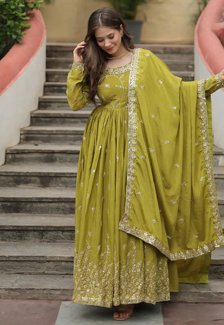Mehndi Chinon Readymade Gharara Suit
