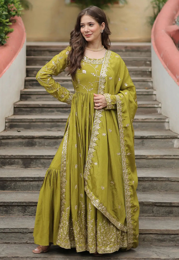 Mehndi Chinon Readymade Gharara Suit