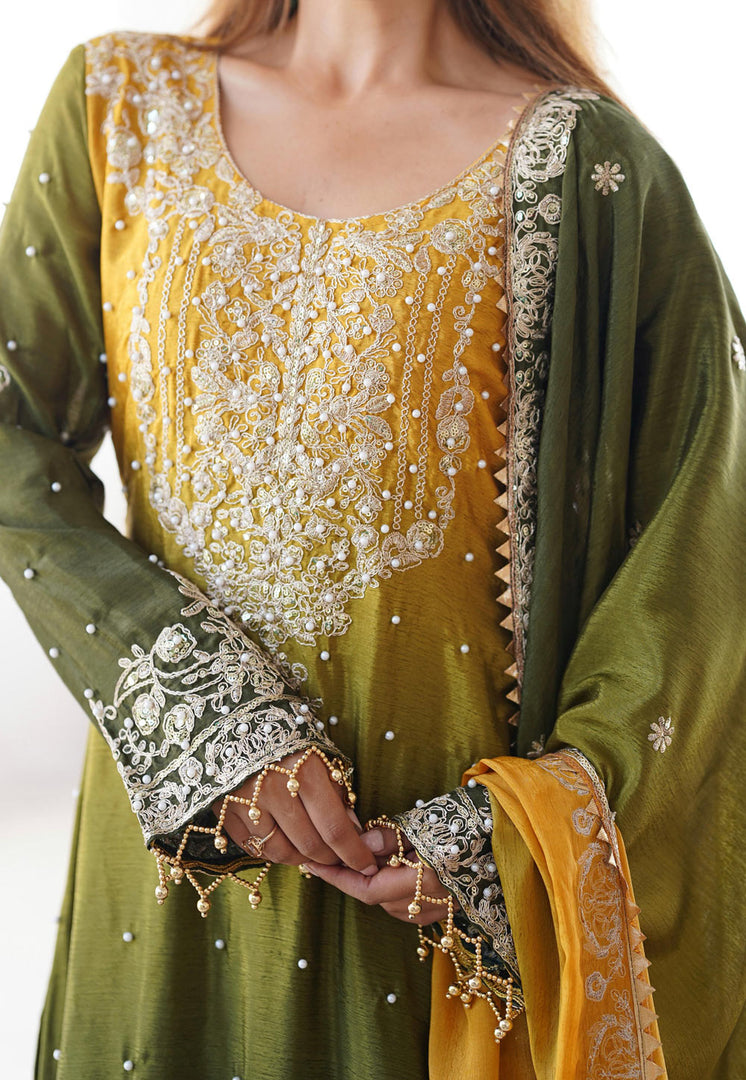 Mehndi Chinon Silk Readymade Gharara Suit