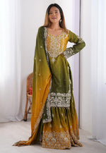 Load image into Gallery viewer, Mehndi Chinon Silk Readymade Gharara Suit
