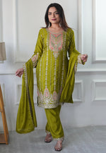 Load image into Gallery viewer, Mehndi Chinon Silk Readymade Pant Style Suit
