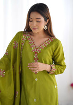 Load image into Gallery viewer, Mehndi Chinon Silk Readymade Pant Style Suit
