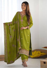 Load image into Gallery viewer, Mehndi Chinon Silk Readymade Pant Style Suit

