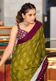 Mehndi Cotton Saree With Blouse