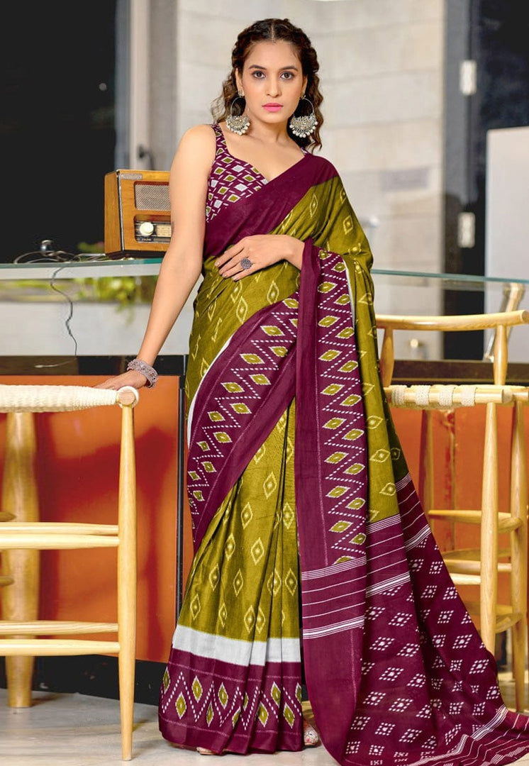 Mehndi Cotton Saree With Blouse