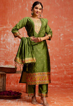 Load image into Gallery viewer, Mehndi Cotton Silk Readymade Pakistani Suit
