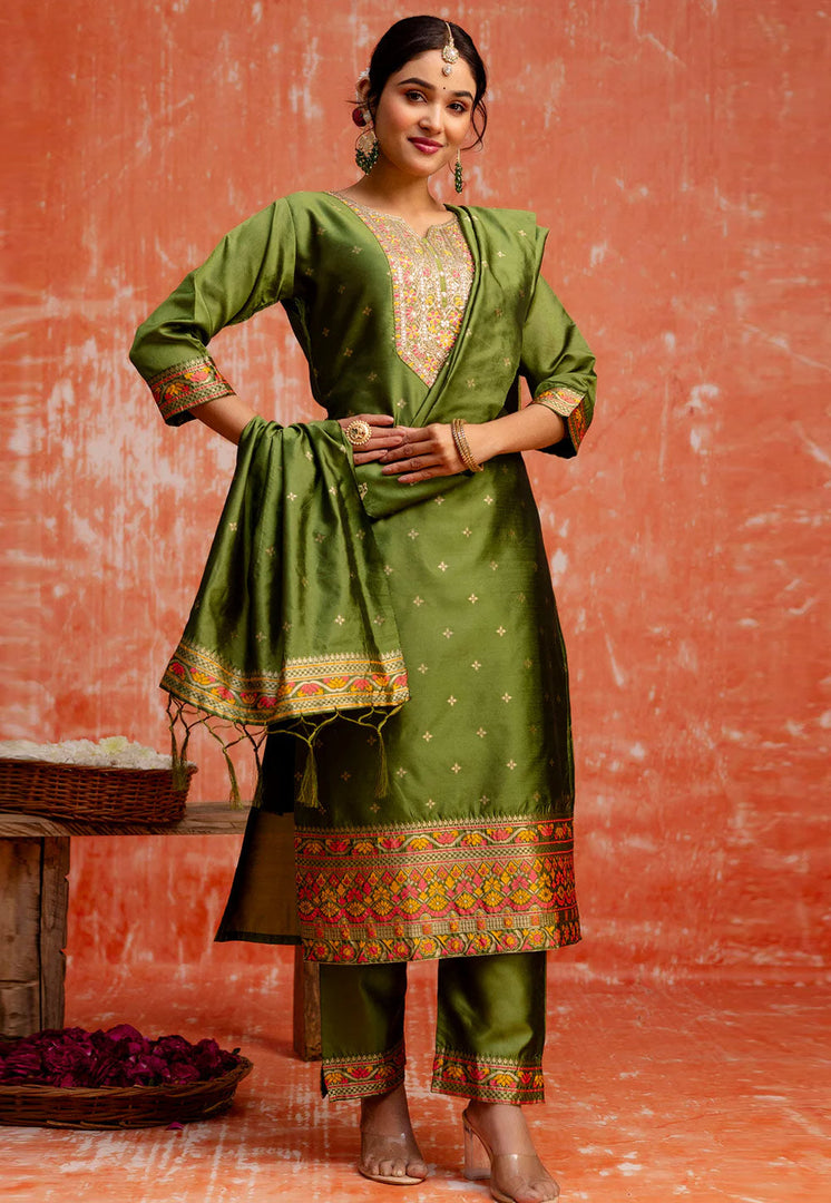Mehndi Cotton Silk Readymade Pakistani Suit