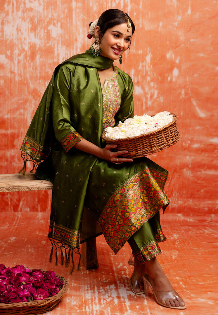 Mehndi Cotton Silk Readymade Pant Style Suit