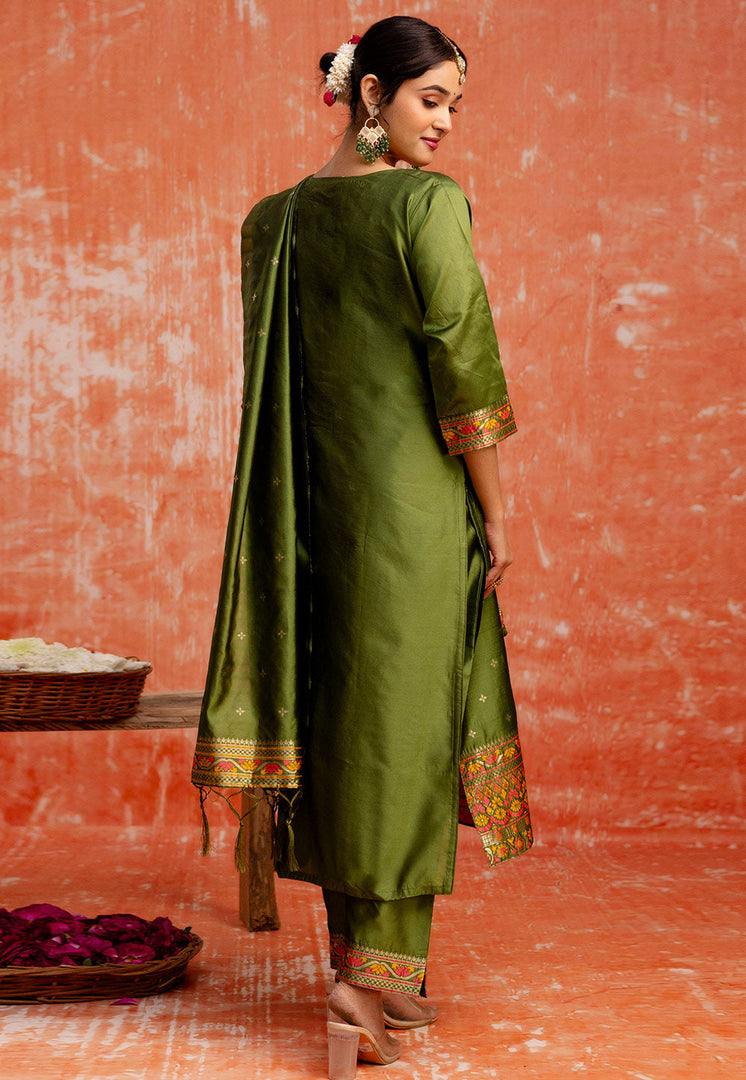 Mehndi Cotton Silk Readymade Pant Style Suit