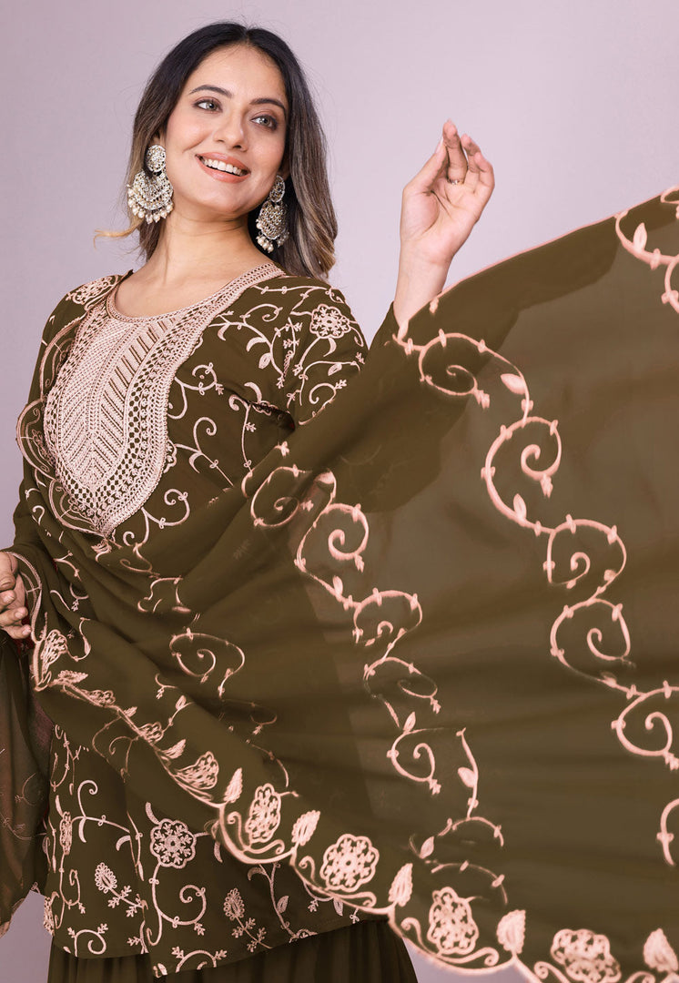 Mehndi Faux Georgette Readymade Gharara Suit