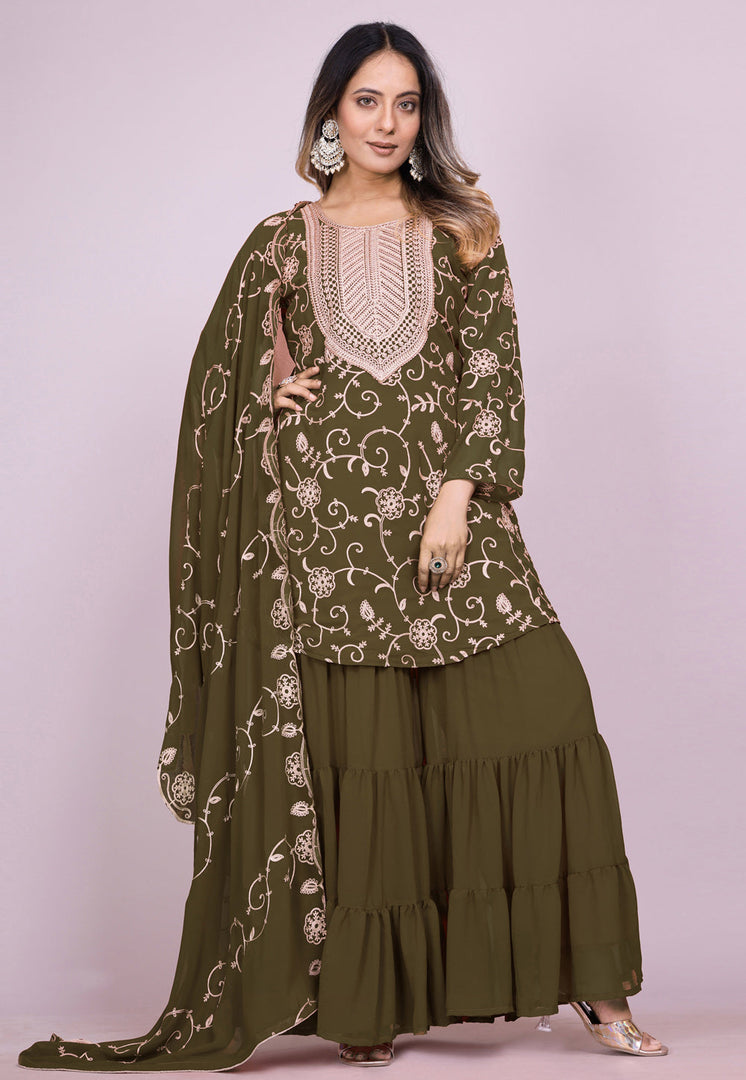 Mehndi Faux Georgette Readymade Gharara Suit