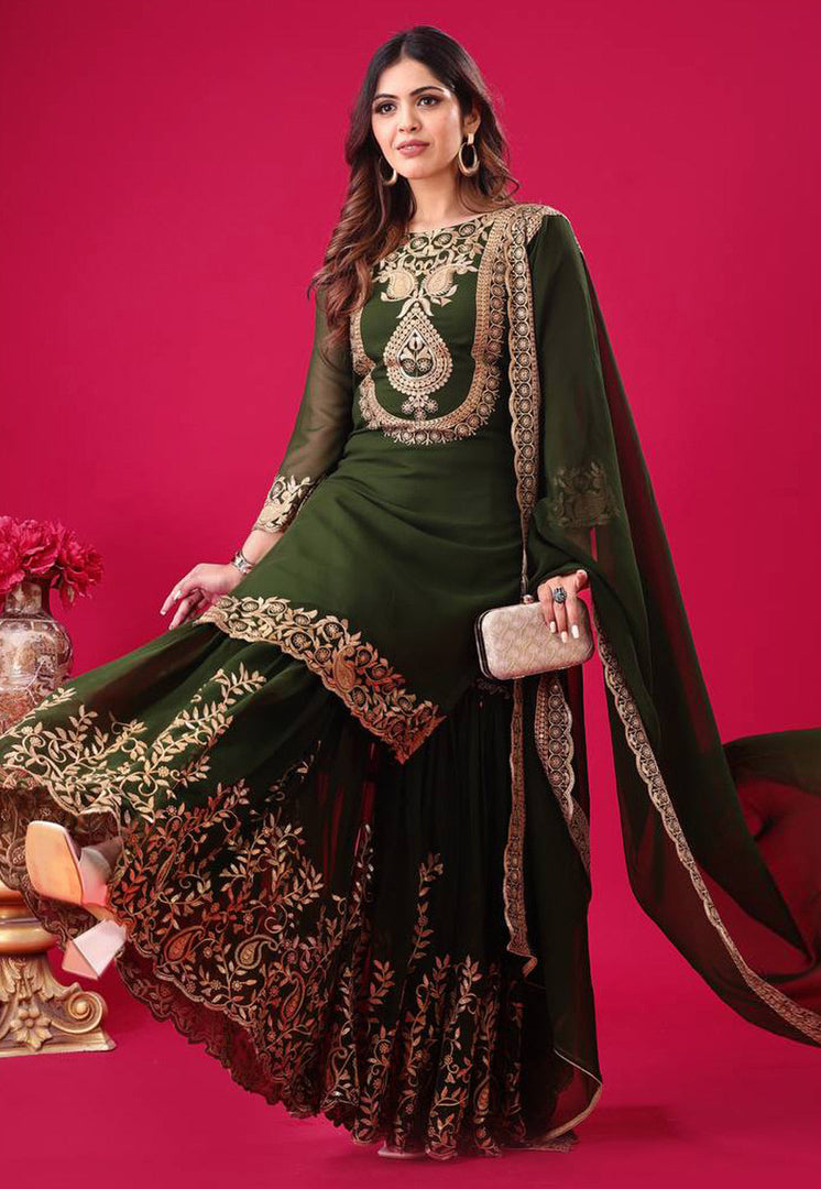 Mehndi Faux Georgette Readymade Gharara Suit
